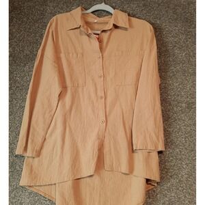 Tan Button Down Shirt Womens XL Boho Boyfriend Long Sleeve High Hem Casual Top‎